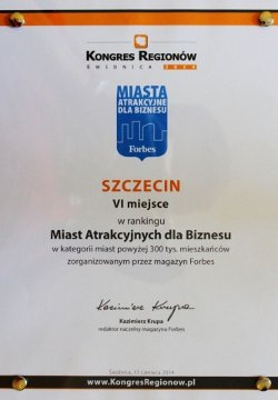 Szczecin zajął szóste miejsce w rankingu Miast Atrakcyjnych dla Biznesu, organizowanym przez magazyn Forbes.