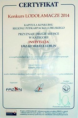 Urząd Miasta Lublin otrzymał II miejsce w regionalnym Podkarpacko-Lubelskim etapie Konkursu LODOŁAMACZE 2014 w kategorii "Instytucja".