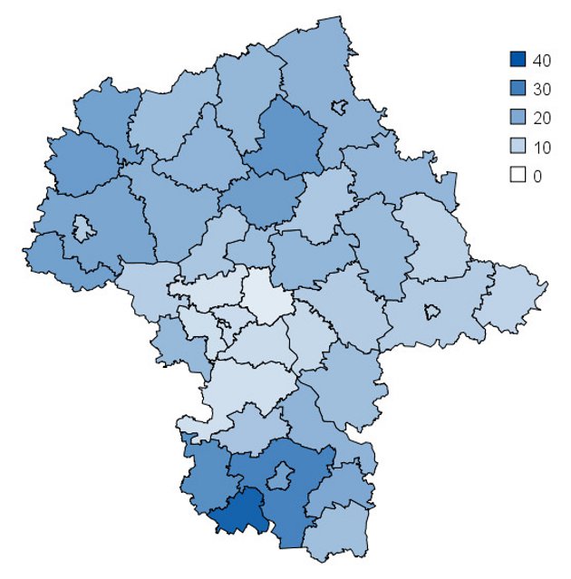 Natężenie stopy bezrobocia w powiatach Mazowsza na koniec maja 2014 r.