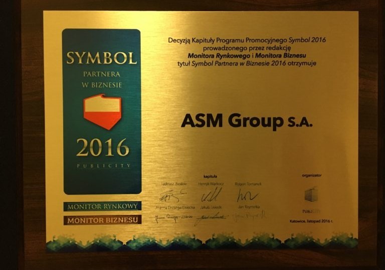 Nagroda dla ASM GROUP S.A. – Symbol PARTNERA w BIZNESIE 2016