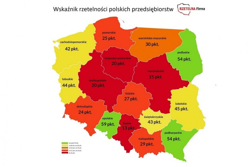 Polski wskaźnik rzetelności przedsiębiorstw - podział według województw